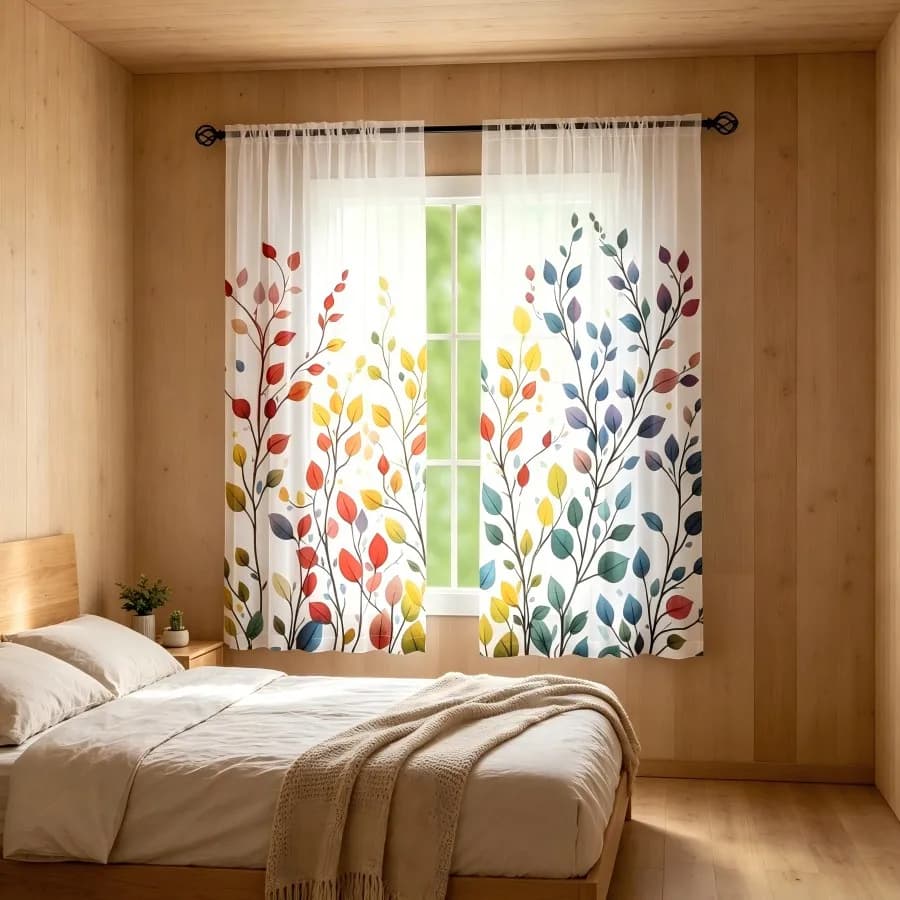 2PCS Digital Print Sheer Curtain, Iridescent Branch Leaves Fantasy Magical Window Drapes for Living Room Bedroom Home Decor