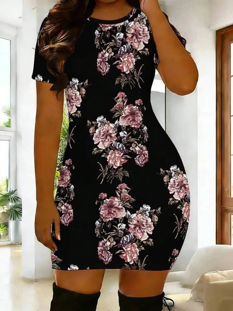 Womens Floral Print Bodycon Dress Short Sleeve Crew Neck Elastic Fit Casual Elegant Dress