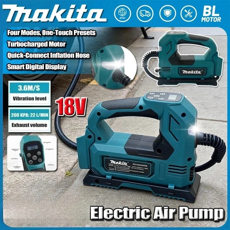 Pompa ad aria senza fili Makita per auto e moto: Gonfiatore portatile per pneumatici con display digitale, 18V