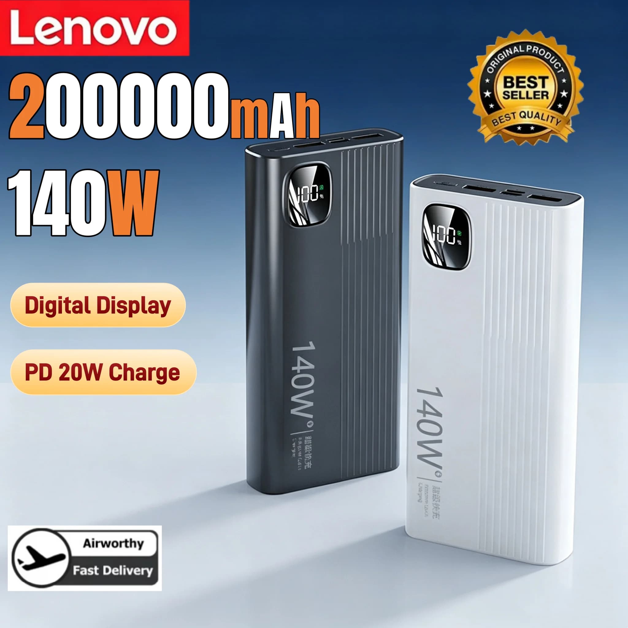 200000mAh Power Bank 140W Super Fast Charging Phone External Battery Powerbank Charger for Xiaomi iPhone Samsung