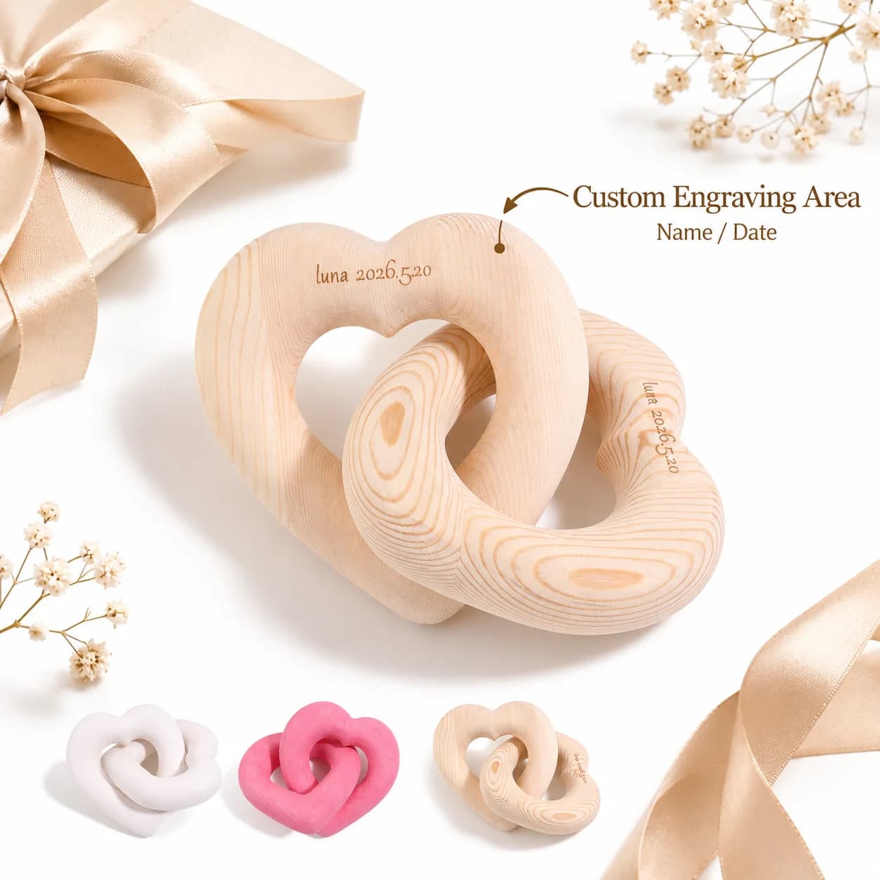 Double-ring heart-shaped custom wooden ornament, personalized laser-engraved text, DIY wedding and couple anniversary gift