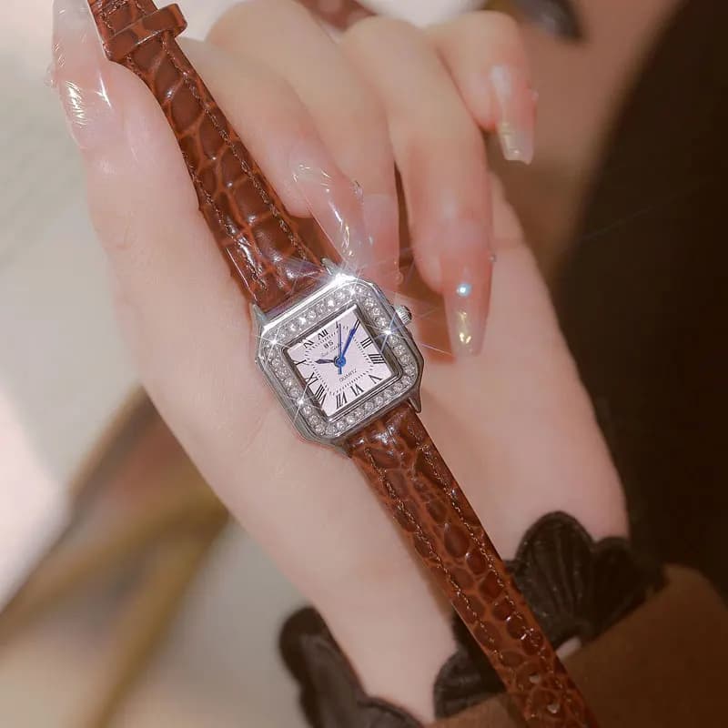 Vintage Cheetah Real Belt Small Brown Women's Watch Luxury Rhinestone Dial Quartz Needle Buckle Clock Waterproof Watch for Wom