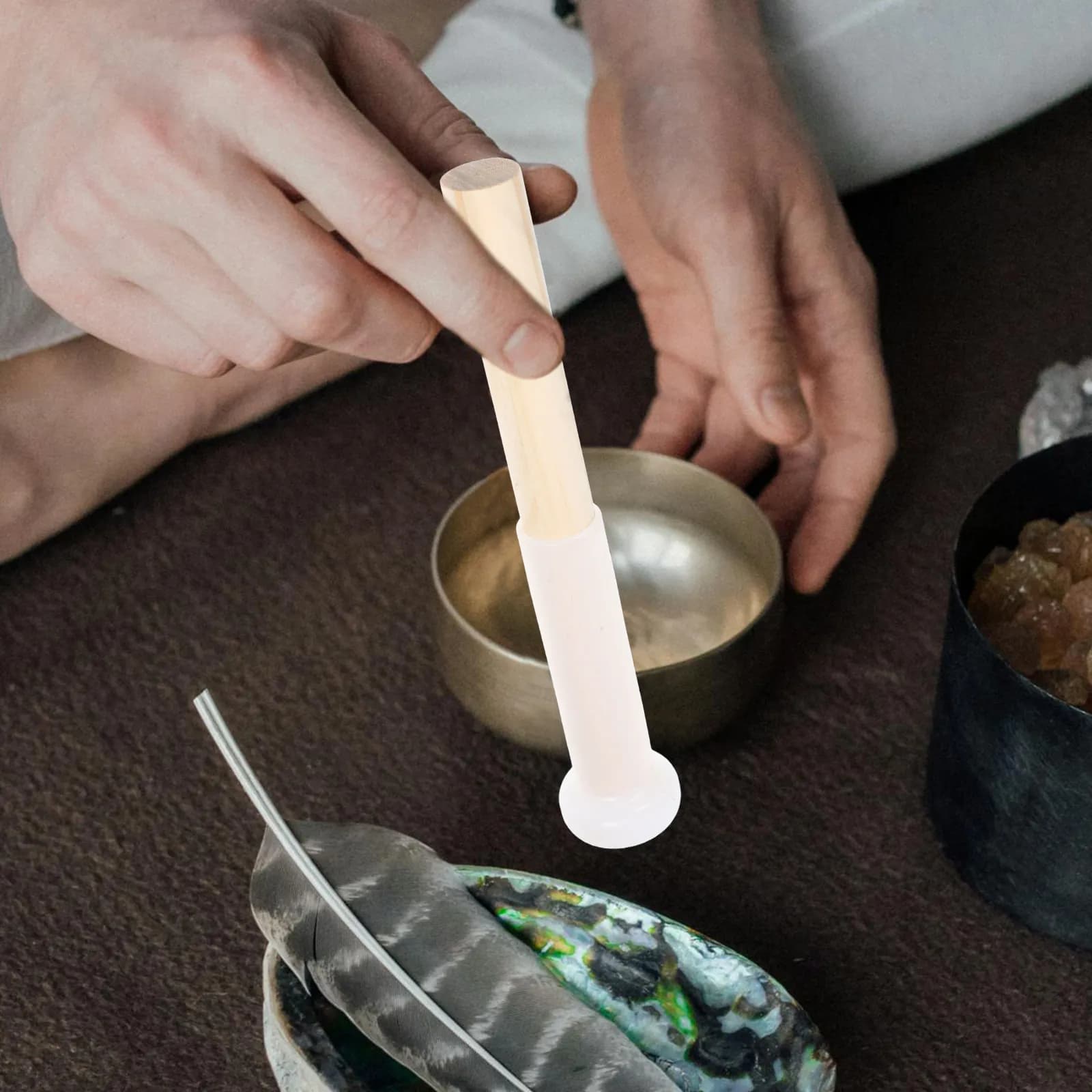 Rubber Head Singing Bowl Striker Long Wood Handle Lightweight Portable Crystal Bowl Mallet Comfortable Grip Sound Transmitting