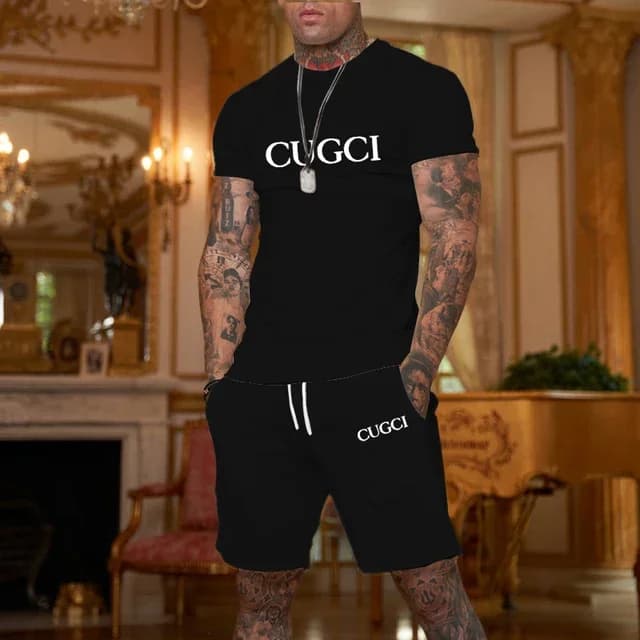 Men's CUGCI Print 2 Piece Outfits Short Sleeve T-Shirt + Shorts Set Casual Summer Tracksuit White Letter Print Sportswear