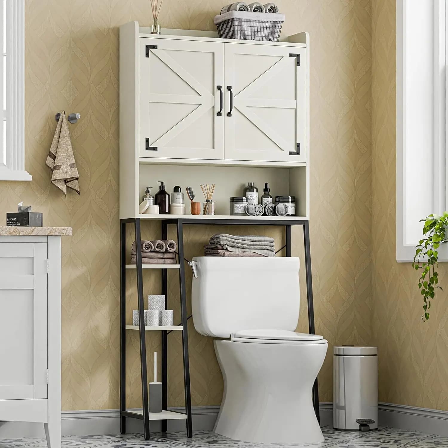Mobiletto Salvaspazio da Bagno Sopra il WC, Stile Rustico con Anta Scorrevole e Porta Carta Igienica, Soluzione Salvaspazio per la Casa