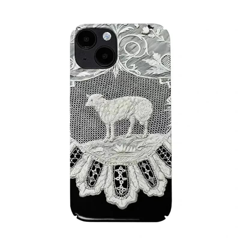 Luxury Clmj Black White Retro lace Lamb Phone Case for iPhone 17 16 15 14 13 12 11 Air Pro Max XR XSMax Plus Glossy Film Hard PC