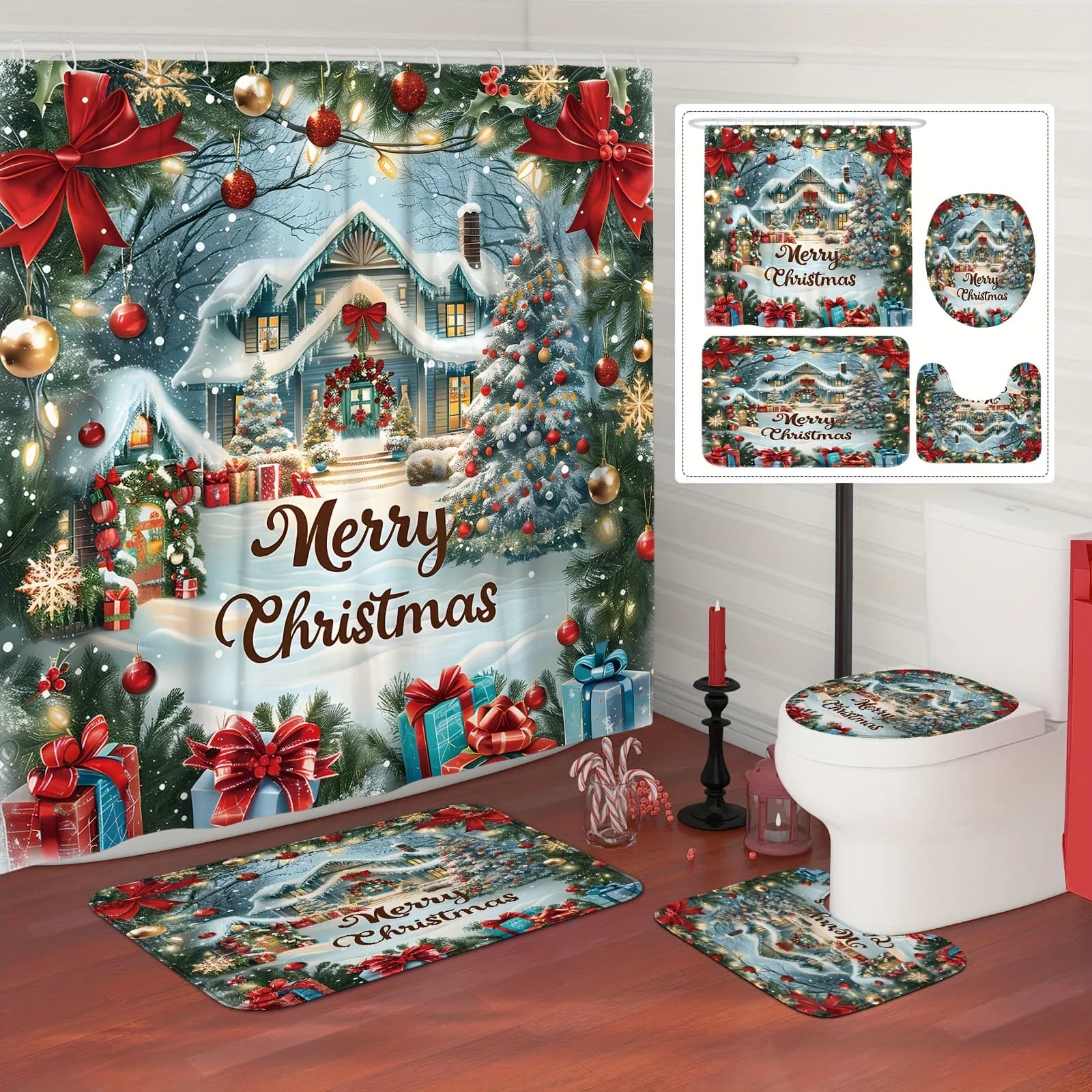 Classico set da bagno natalizio con tenda da doccia, copriwater e tappetini | Decorazioni natalizie per la casa e l'albero innevato di buon Natale