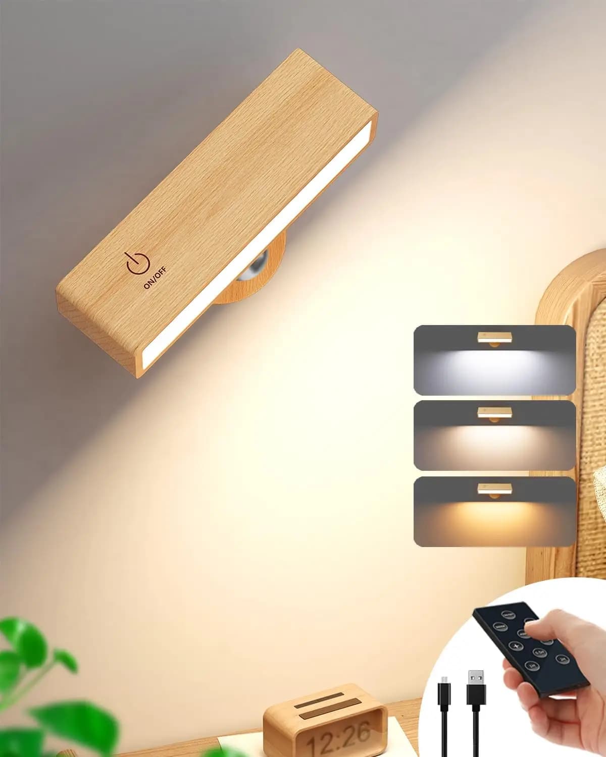 Lampada da parete a LED in legno con telecomando a 3 colori, rotazione a 360 gradi, applique da parete magnetica toccabile per lampada da lettura a parete senza fili per camera da letto