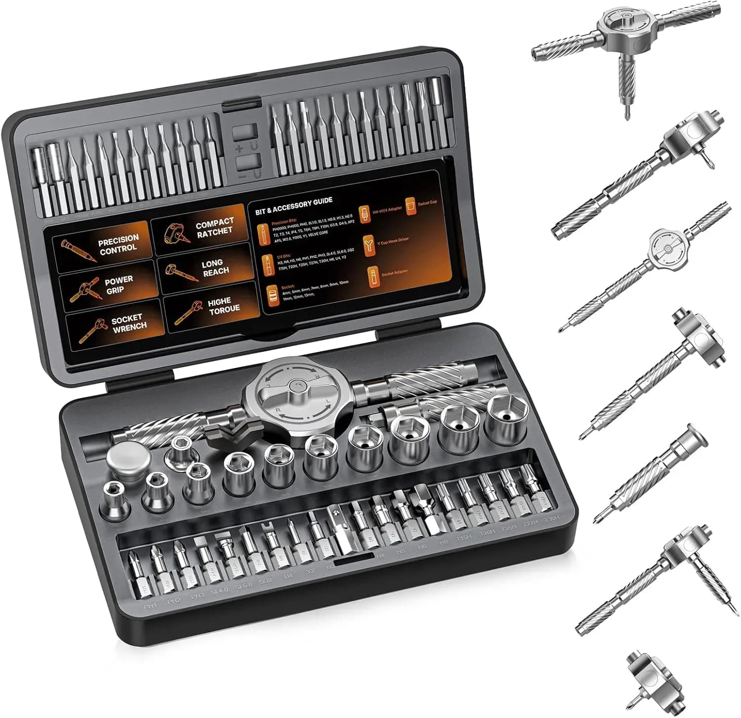 62 in 1 Magnetic Screwdriver Set, T Handle Ratchet Screwdriver Set with Case, Multi Bit & 10 Hex Sockets, Repair Tool Kit for Furniture, Bicycle, Electronics, Wactch, DIY & Gift for Men