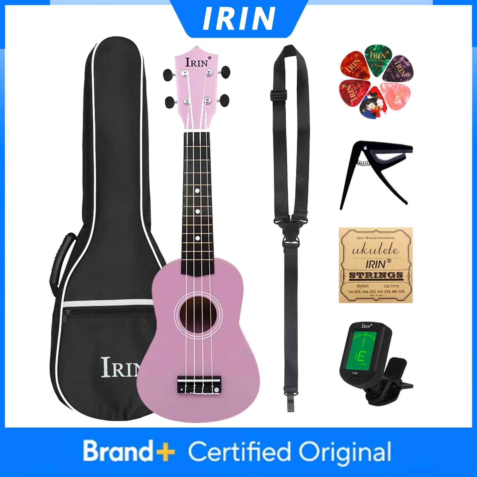 IRIN Ukulele Basso 21 Pollici a 4 Corde in Legno di Tiglio, Chitarra Hawaiana con Borsa, Accordatore, Plettri, Parti e Accessori per Chitarra