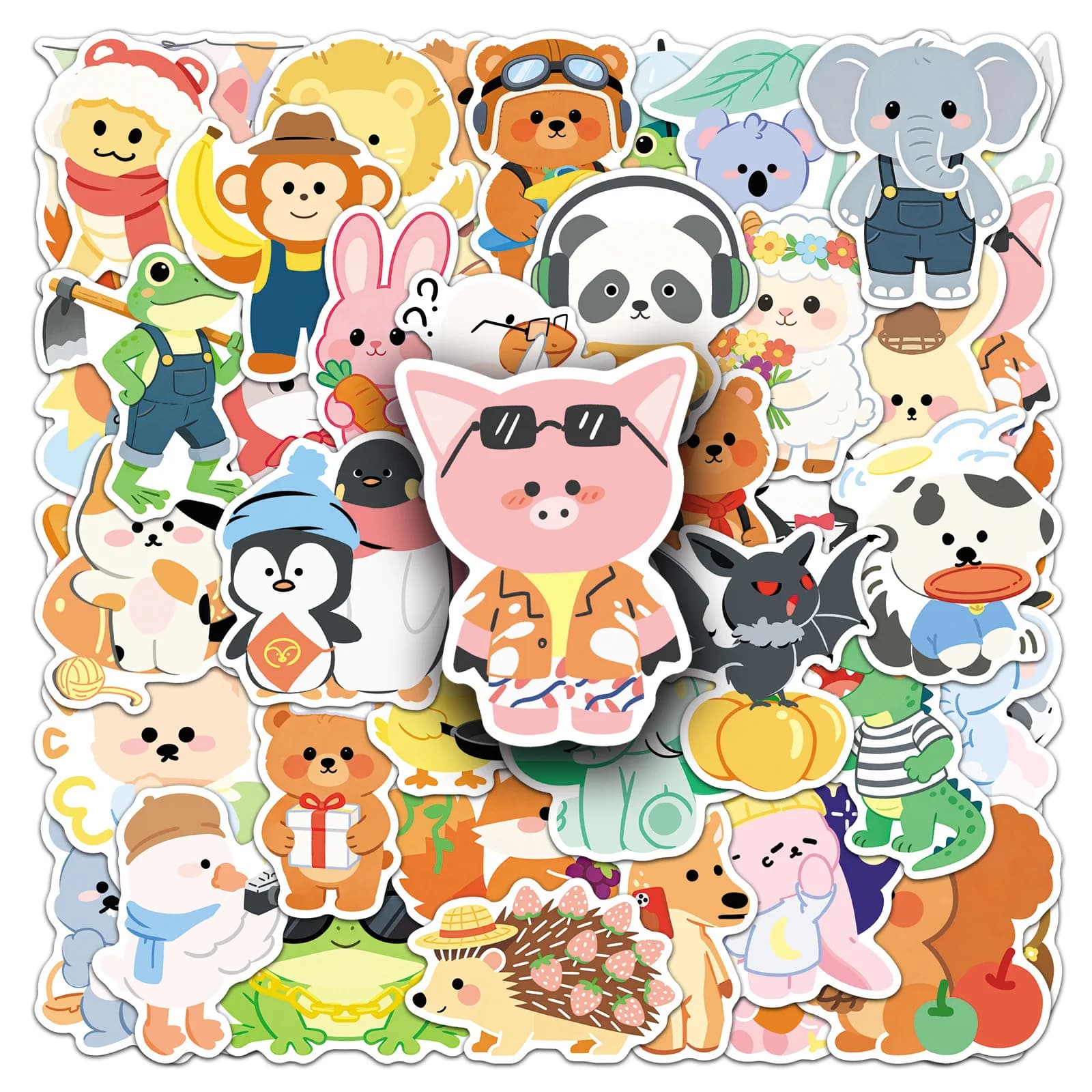 Confezione da 50 Adesivi Decorativi Impermeabili con Simpatici Animali per Telefoni, Tablet, Chitarre, Caschi, Valigie, Cancelleria