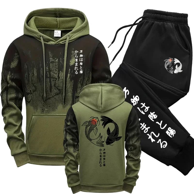 Tuta con Felpa e Pantaloni Sportivi con Motivi Giapponesi per Uomo, Stile Casual Autunno Inverno, Abbigliamento Sportivo Harajuku