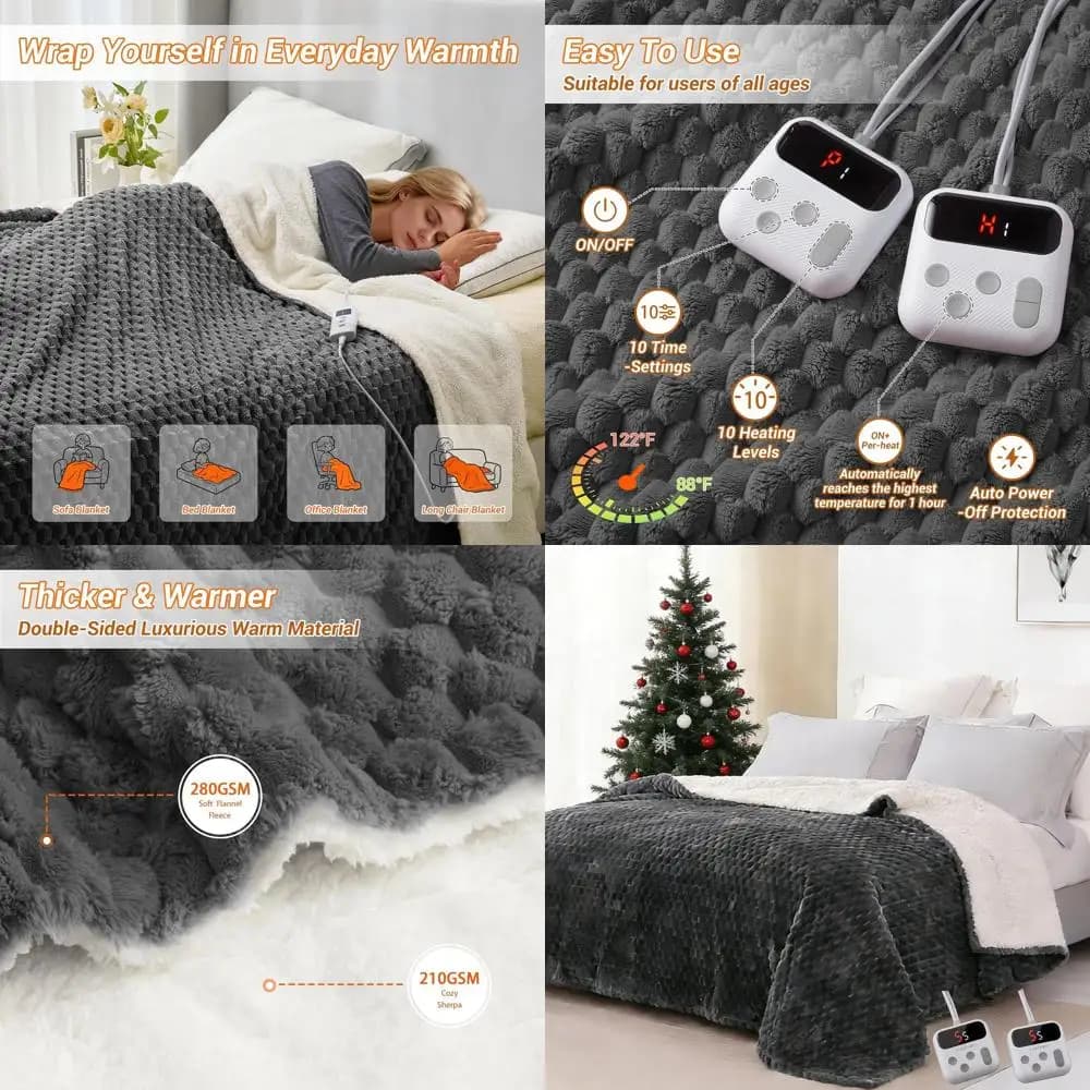 Coperta Elettrica Queen Size 84x90, Doppio Controllo, 10 Livelli di Calore, Spegnimento Automatico 10 Ore, Morbido Pile, Lavabile, Grigio