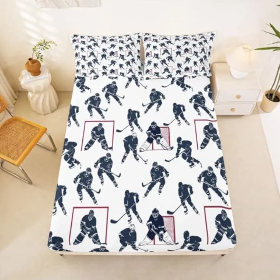 Set di Lenzuola per Hockey su Ghiaccio, Set di Biancheria da Letto per Eventi Sportivi, Lenzuolo con Angoli per Ragazzi, Decorazione Camera da Letto, Morbido Set Sportivo Invernale Hockey