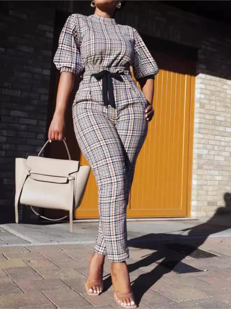 Women Casual Short Sleeve Shirt Pants Set Office Lady Spring Summer Print Blouse Lace Up Trouser Two Piece Set Streetwear Outfit