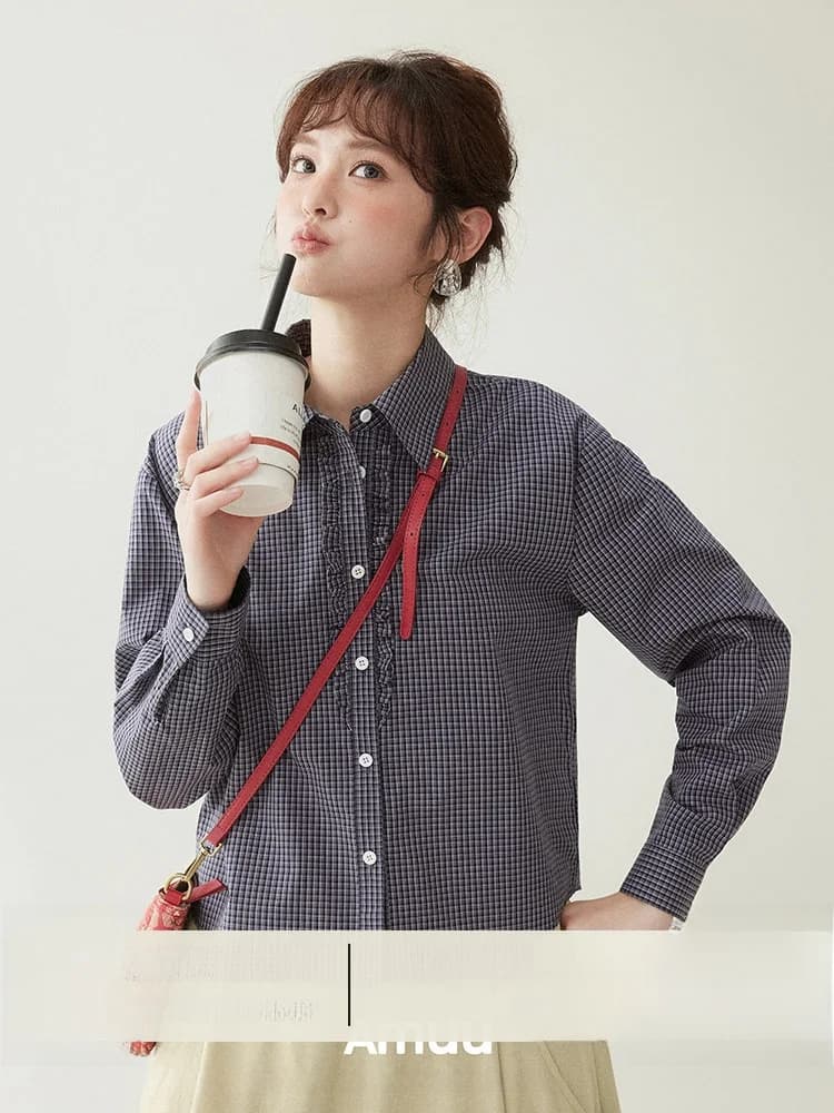 Camicia a quadri in puro cotone AMUU da donna, stile giapponese, a maniche corte, per la primavera, con bottoni, traspirante e confortevole.
