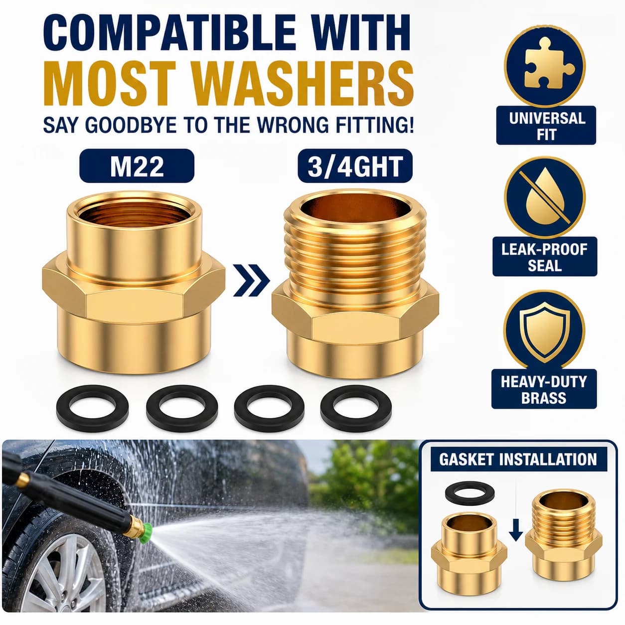 Garden Hose Adapter M22 Female To 3/4 GHT Brass Leak Proof Plug And Play For Pressure Washer Yard Watering Outdoor Cleaning Part