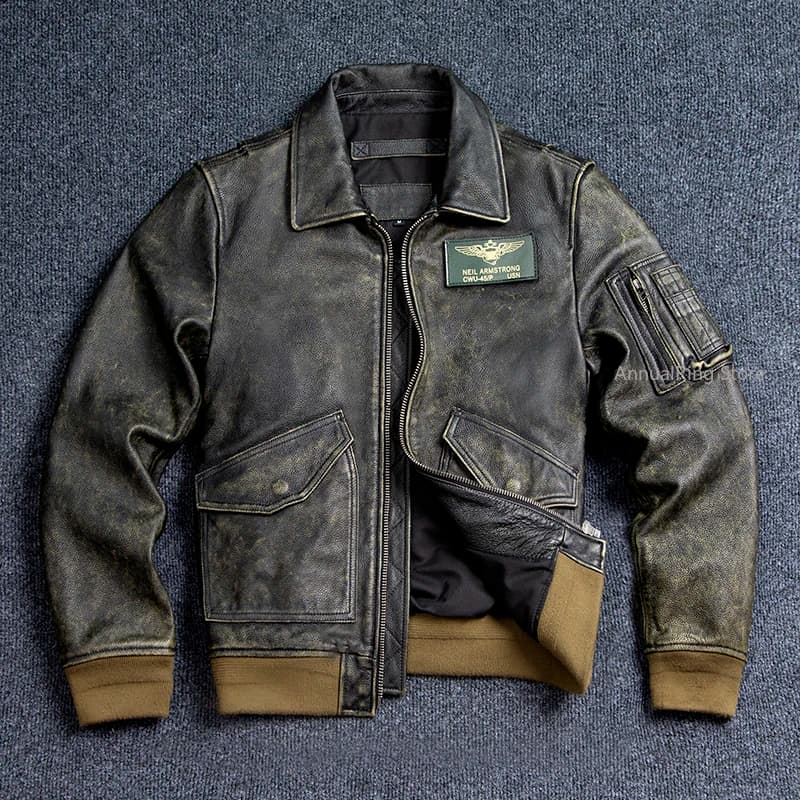 Bomber 45P Genuine Leather Jacket.Vintage Plus Size Real Cowhide Coat.Mens Classic Oversize Leather Cloth
