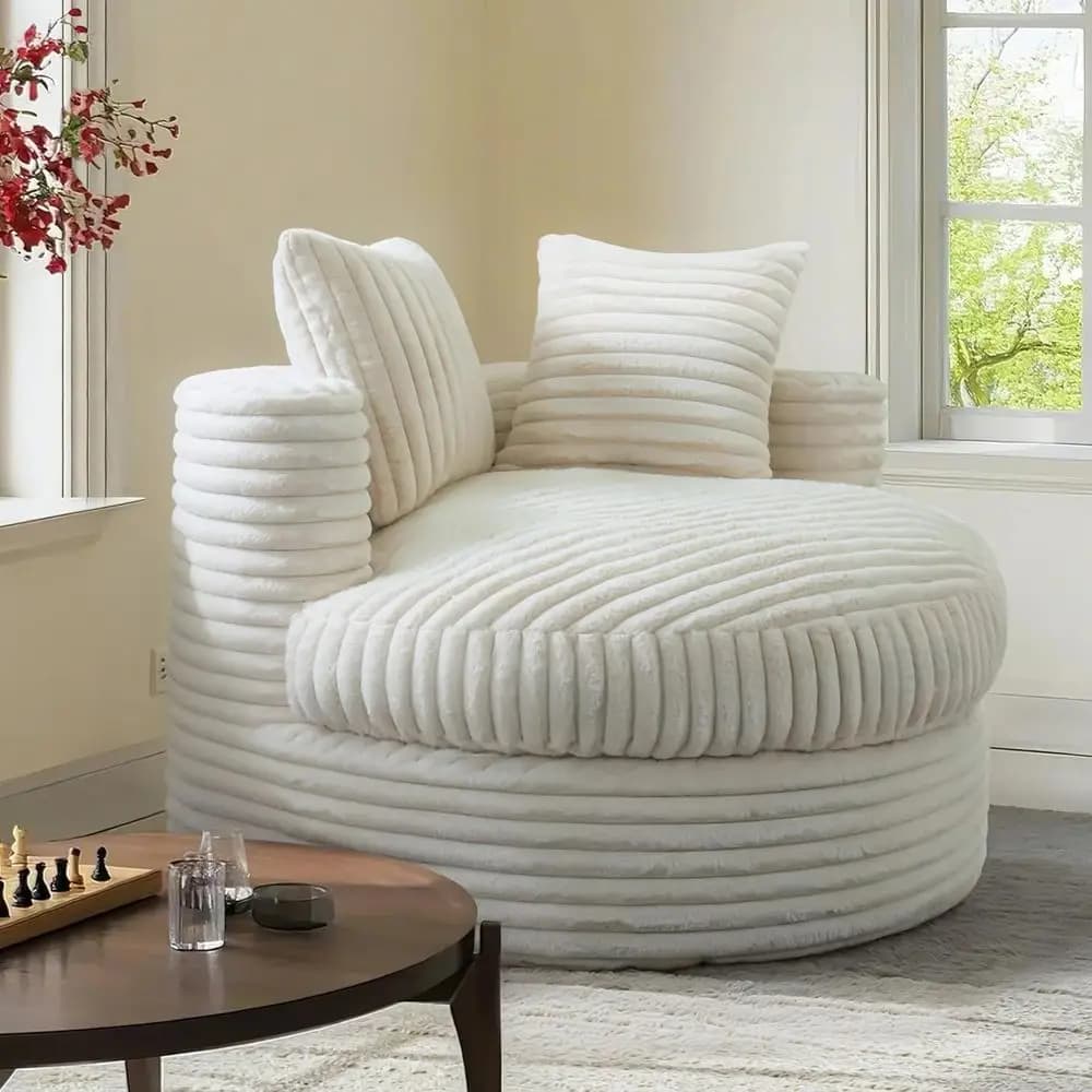 Poltrona Lounge Rotonda Oversize 47 - Cuscino Spesso, Rivestimento Rimovibile, 2 Cuscini, Tessuto in Velluto a Coste, Ideale per Soggiorno Accogliente o Camera da Letto