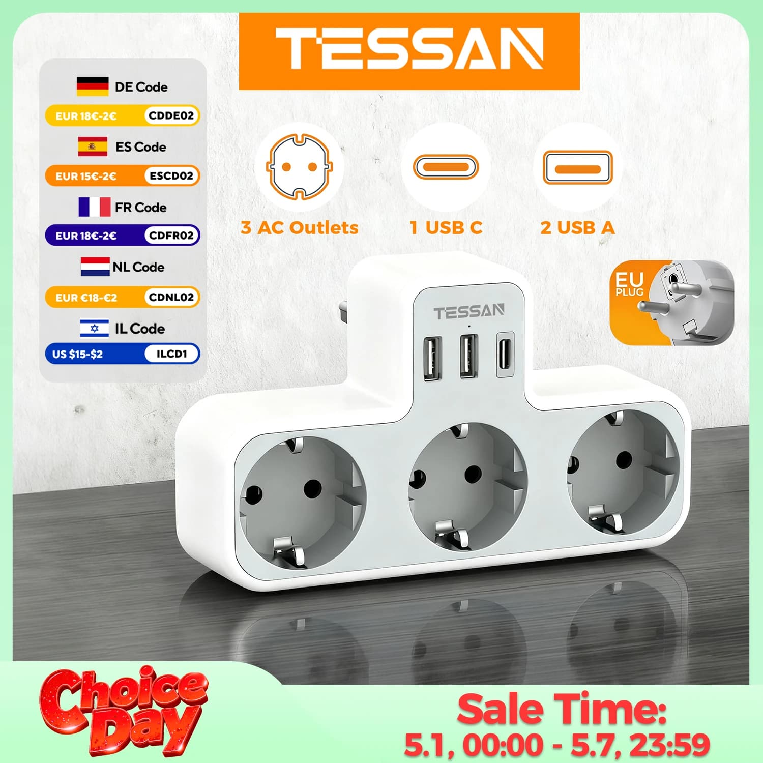 TESSAN Presa USB multipla standard UE Presa a muro Presa 6 in 1 con 3 prese CA Adattatore Caricatore da muro per Home Office