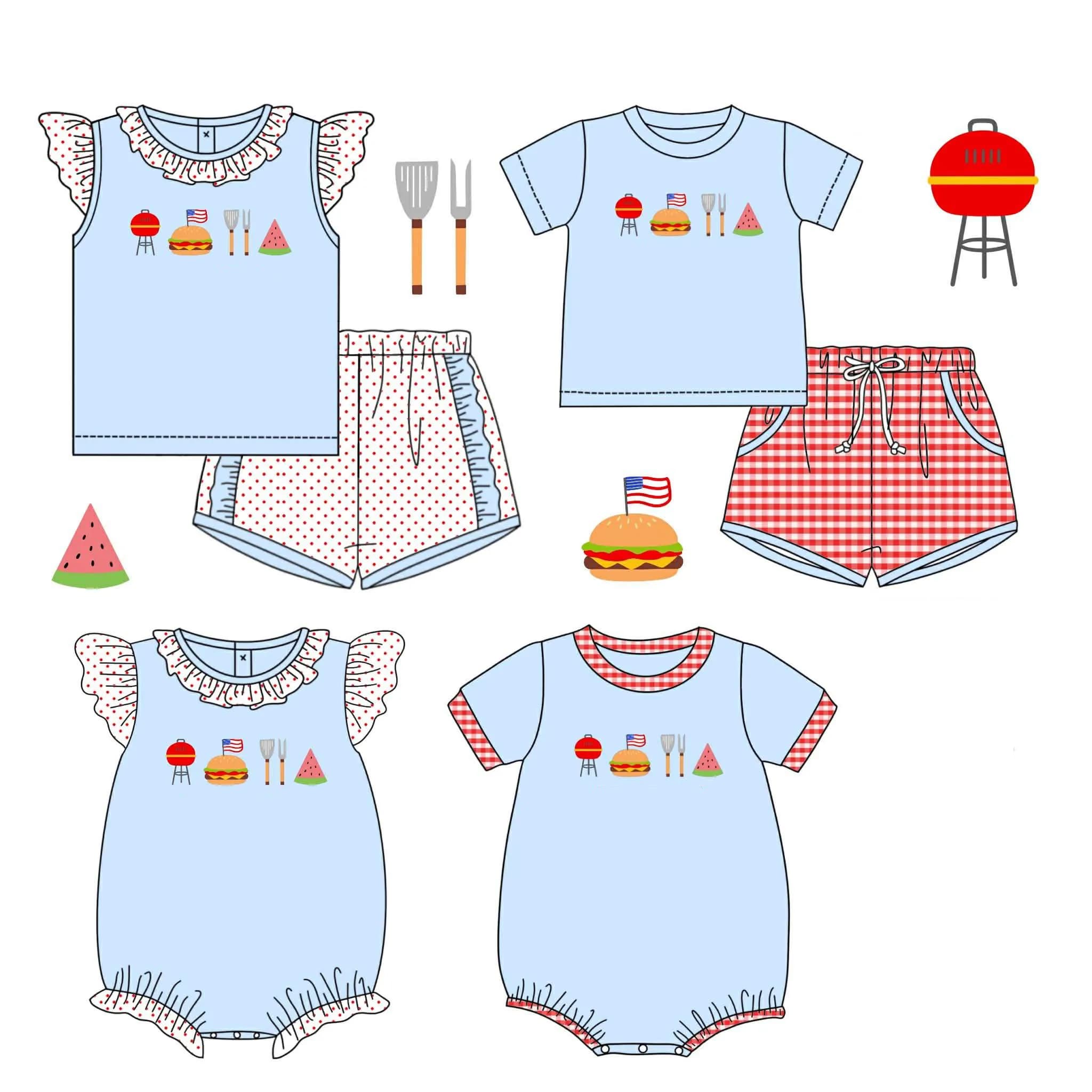 Abbigliamento Boutique per Bambini, Set con Stampa Cartoon di Anguria e Hamburger, Manica Corta per Bambina, Tutina a Bolle e Pantaloncini per Bambino, Set Coordinato per Fratelli