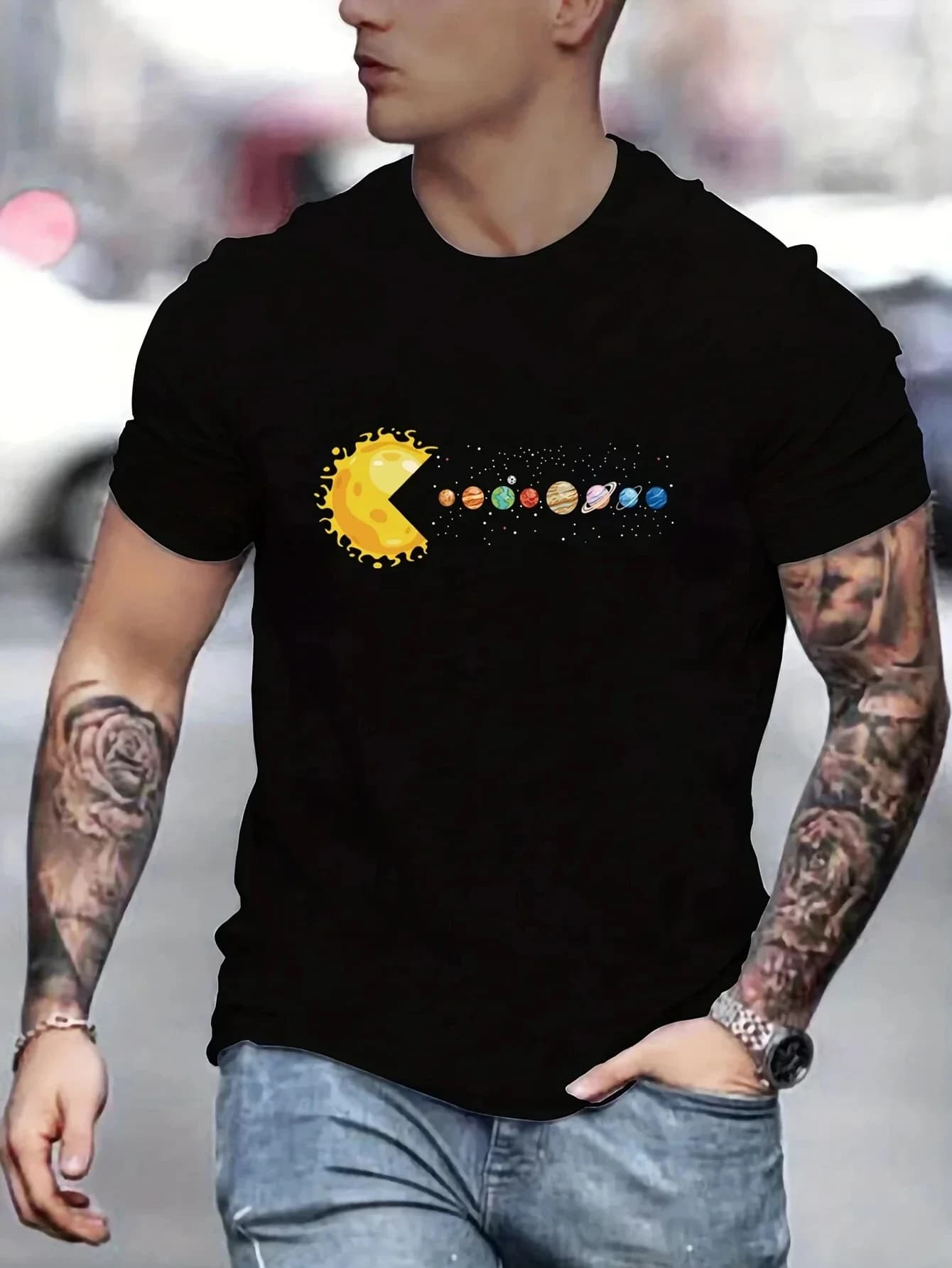 Solar System Planets Print Tees For Men, Casual Quick Drying Breathable T-Shirt, Short Sleeve T-shirt For Running Training
