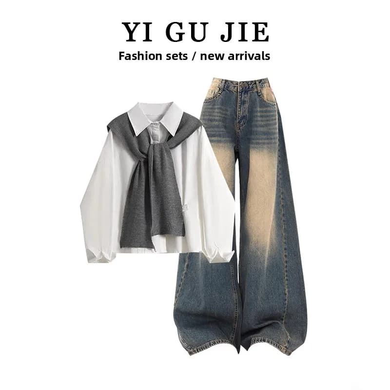 Set Tre Pezzi Moda Primaverile per Donna: Camicia Stile Coreano, Top e Jeans, Outfit in Denim a Maniche Lunghe con Colletto, Completo Casual Chic