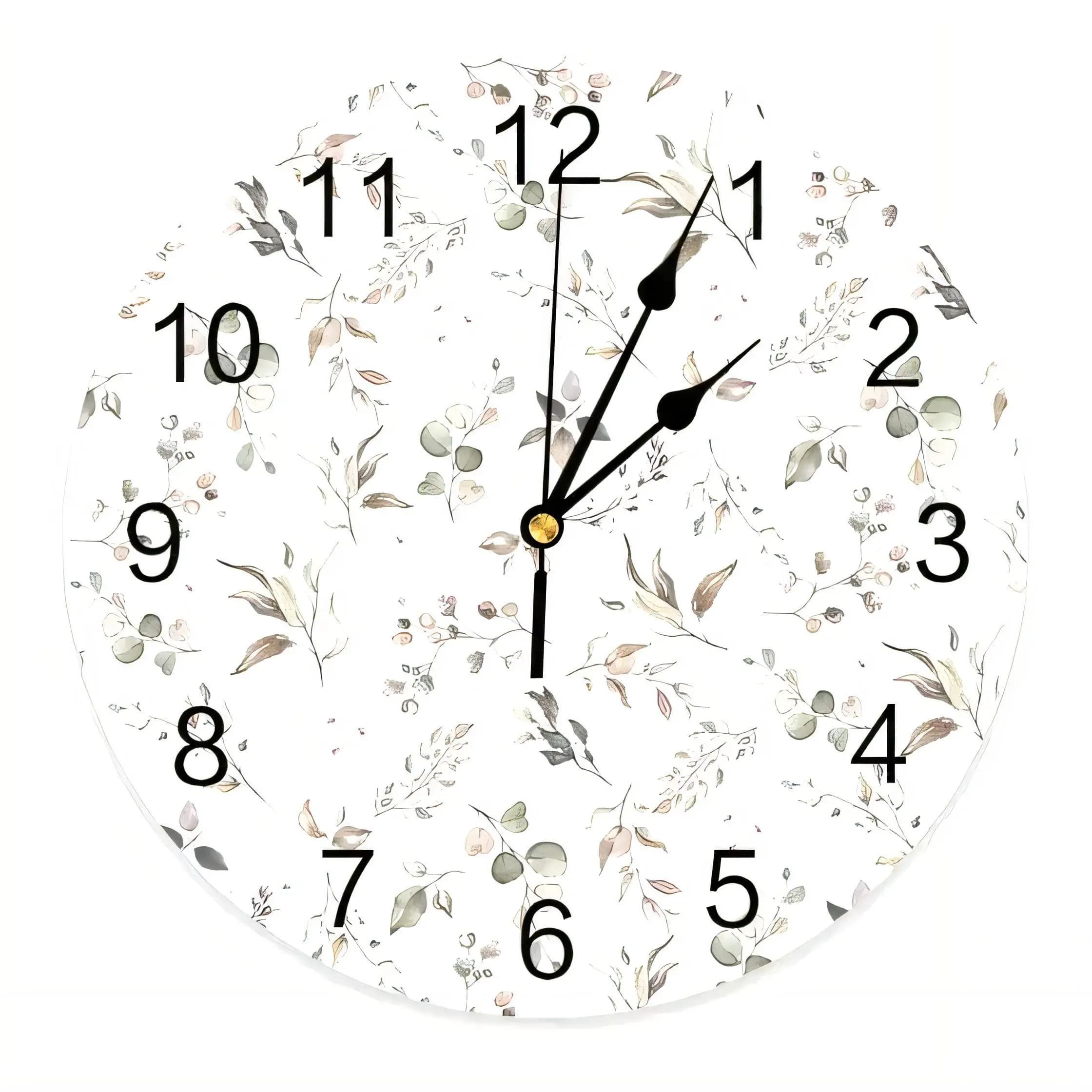 Modern Watercolor Botanical Wall Clock Decorative Home Art Silent Non Ticking Battery Operated Green Beige Grey Leaves