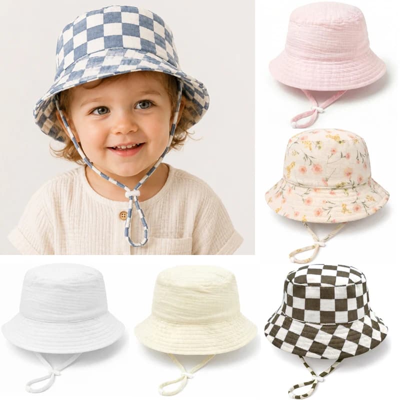 Cappello Estivo in Mussola per Neonati, Cappello da Sole Regolabile per Bambini, 100% Cotone, Cappelli Panama per Bambini, Cappellino per Neonati, Cappelli a Secchiello per Bambini 1-3 Anni