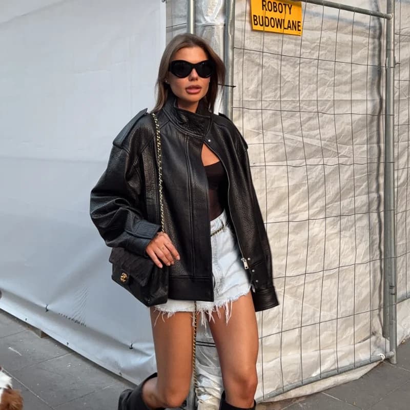 Giacca in pelle da donna vintage per donna Vita sottile Risvolto Cappotto a maniche lunghe Cerniera Y2k Breve streetwear 2025 New Lady Outwears
