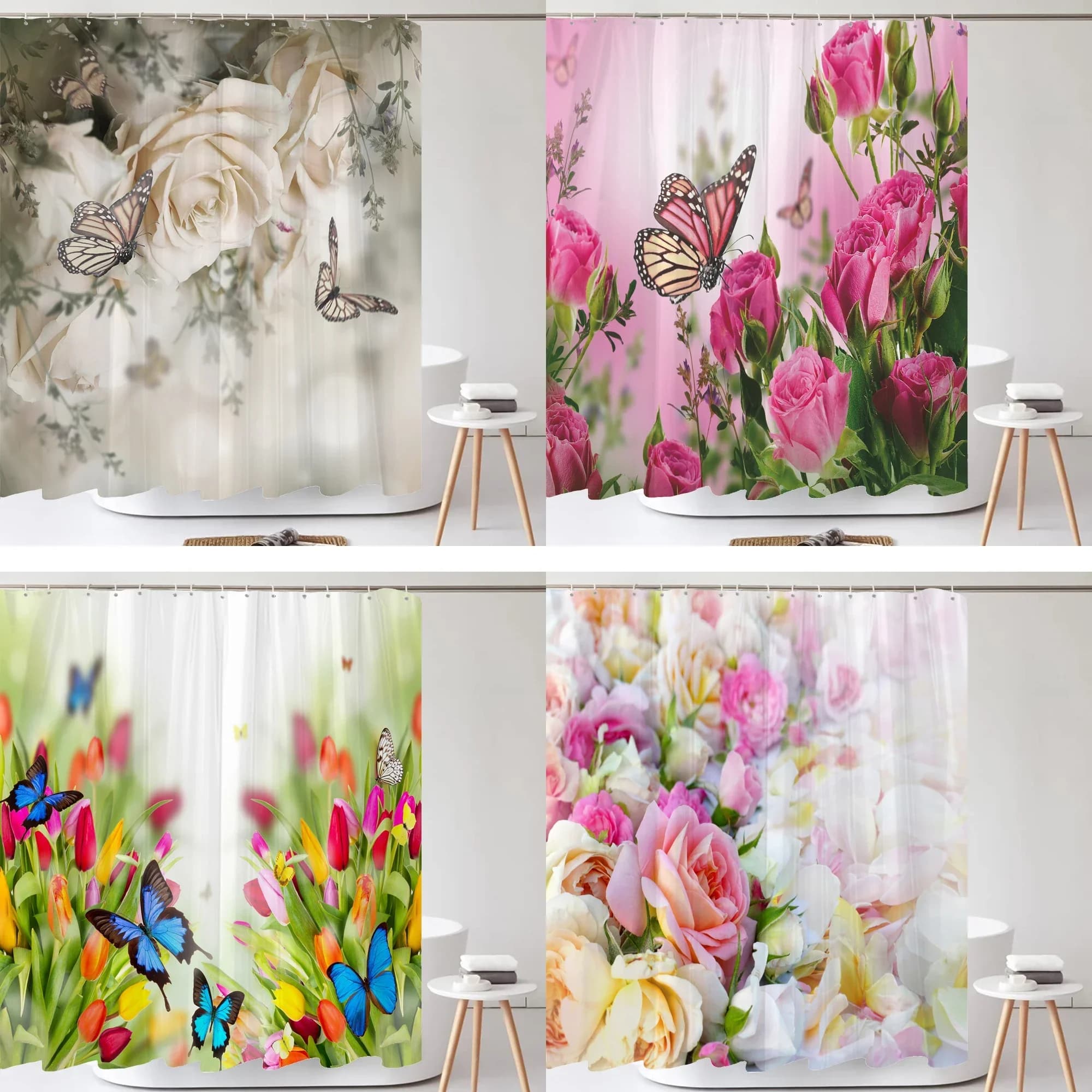 Tenda da doccia colorata con bellissimi fiori freschi, tende da bagno con stampa 3D a farfalla in poliestere impermeabile per doccia da bagno