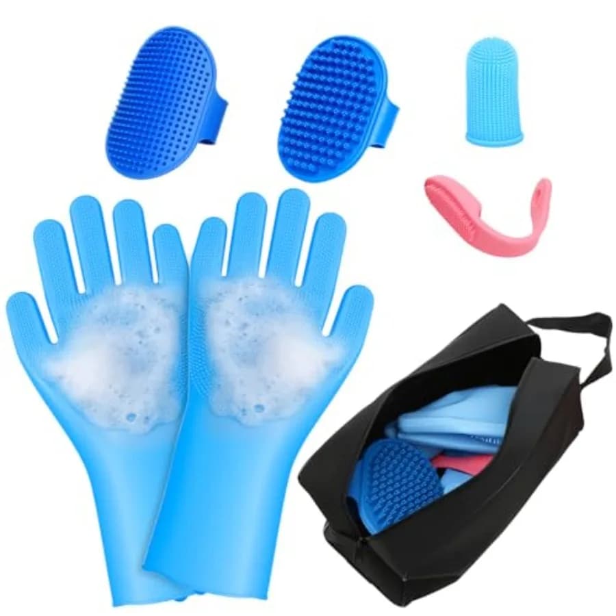7 PCS Pet Grooming Kit for Dogs and Cats Dog Washing Gloves Dog Bath Brush Cleanroom Gloves Dog Shampoo Brush Finger Toothbrush