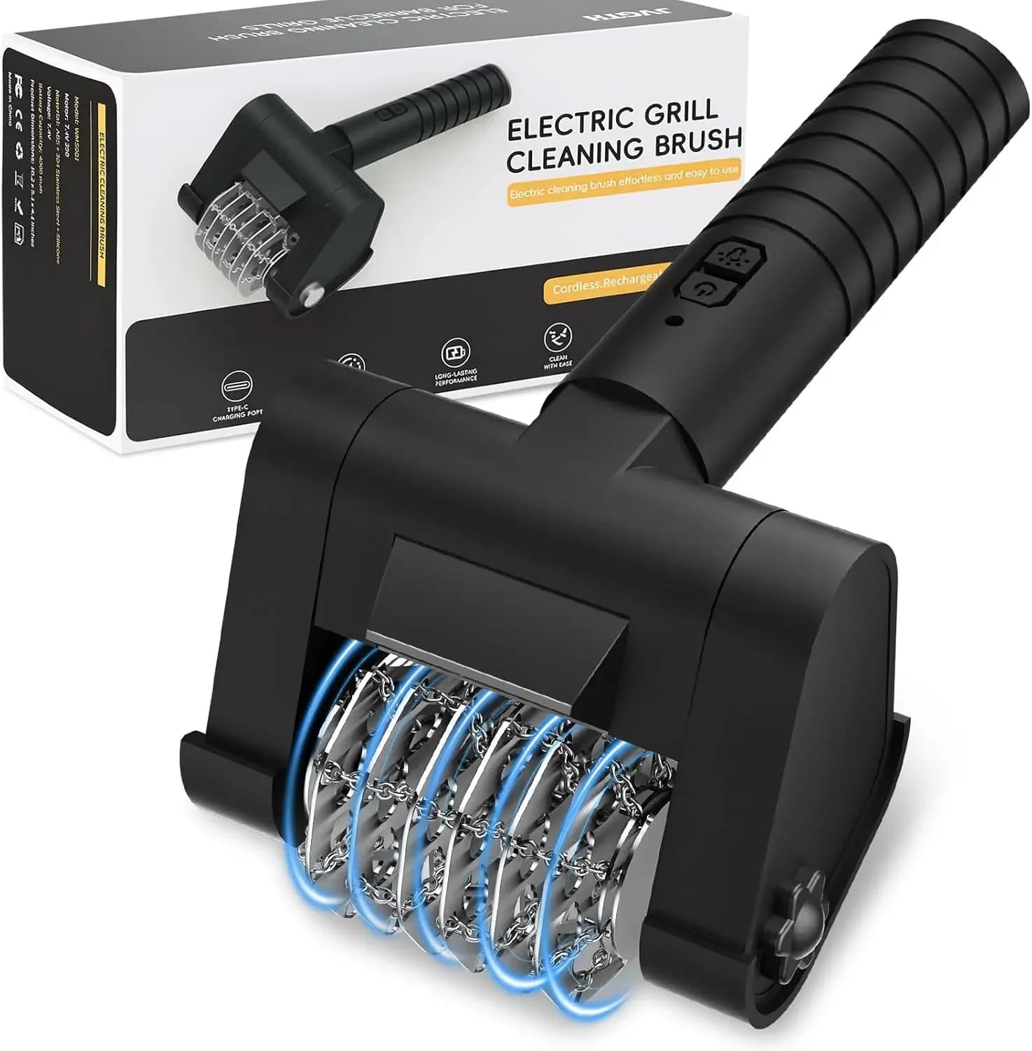 450 RPM Electric Grill Brush, Type-C Rechargeable, LED Light, Stainless Steel, BBQ Cleaning Tool