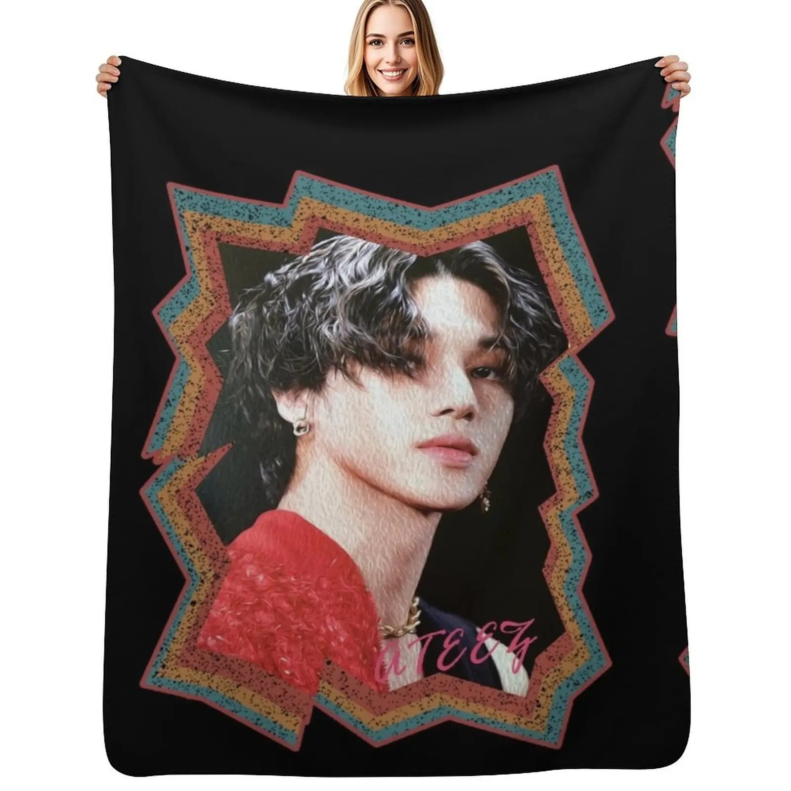 Jung Wooyoung ATEEZ Wooyoung Korean Kpop Retro Color Oil Paint Design Throw Blanket Cozy Sofa Blanket for TV Watching Napping
