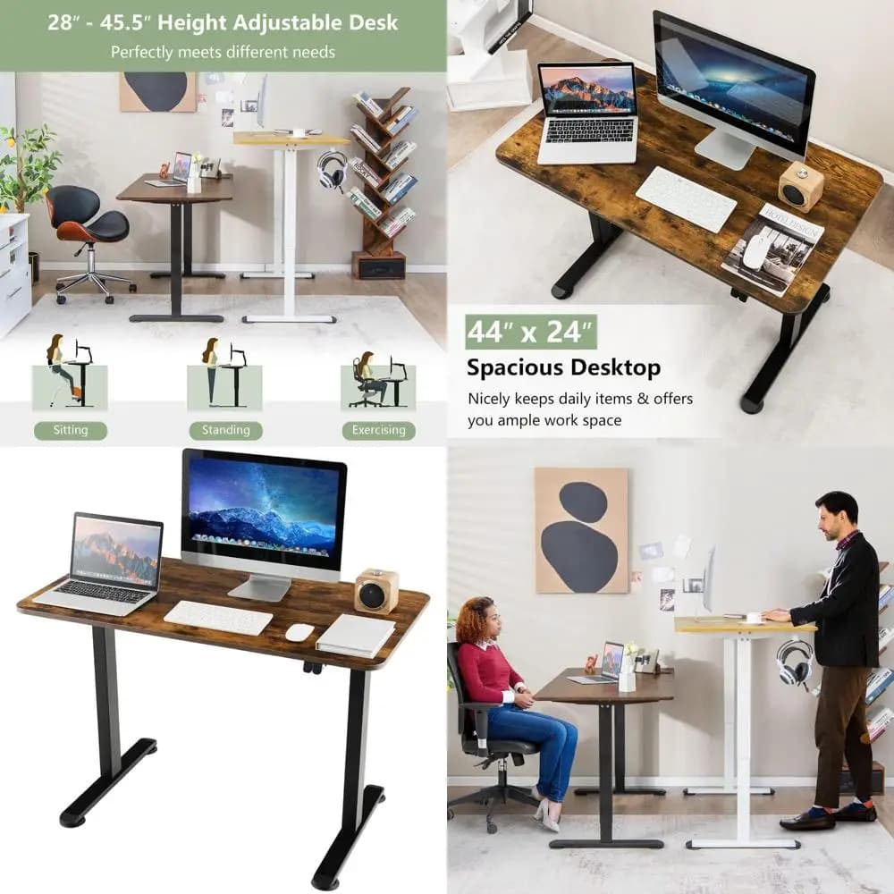 Scrivania sit-stand regolabile in altezza da 44 x 24 pollici con piano di lavoro e sistema di gestione dei cavi, marrone rustico