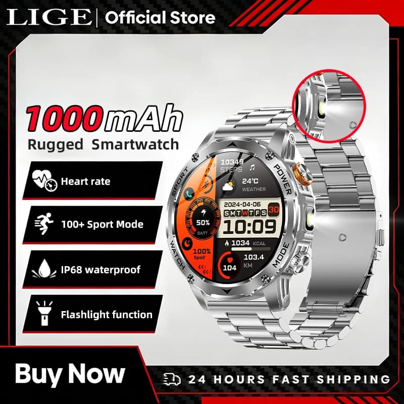 LIGE Orologio Intelligente Militare da Uomo, Batteria 1000mAh, Monitoraggio Frequenza Cardiaca, Tracker Sportivo, Torcia LED, Chiamate Bluetooth, Impermeabile IP68