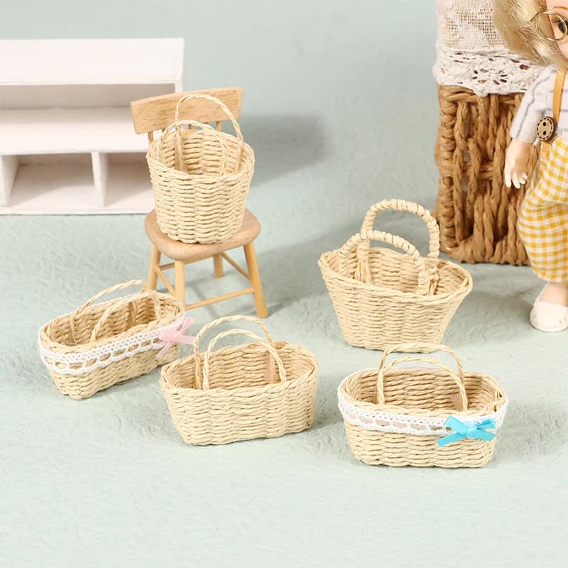 Cestino in Rattan Intrecciato a Mano di Alta Qualità, Miniatura Decorativa per Casa delle Bambole, Giocattoli Carini