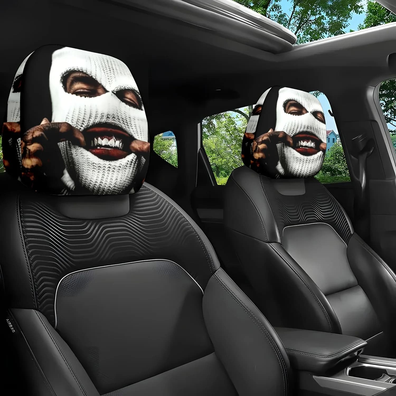 Cuscino per seggiolino auto e copri poggiatesta con un design a sorriso misterioso sotto una maschera in 2 pezzi - Decorato con un motivo carino - Perf