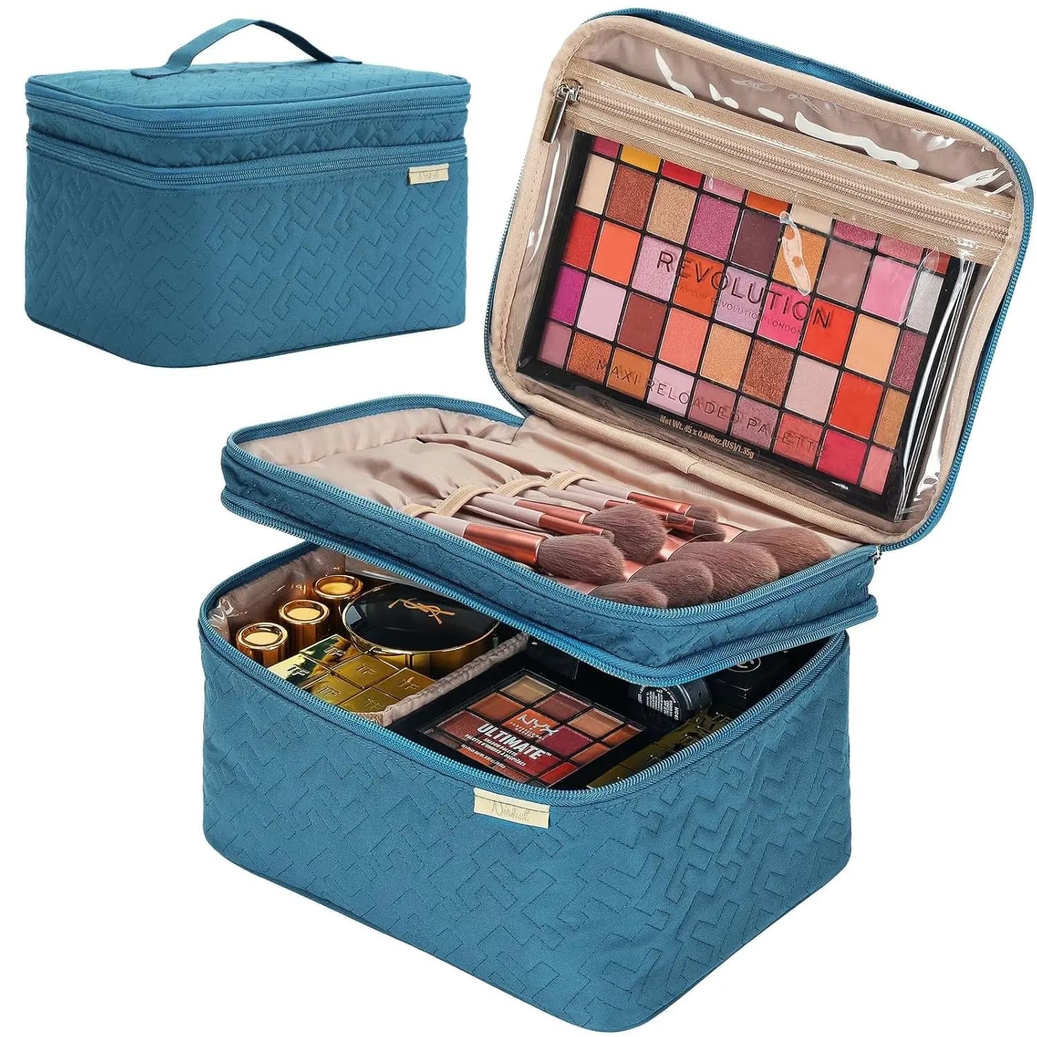 Grande borsa da viaggio per trucchi a doppio strato per donna, custodia per cosmetici, organizer per accessori, flaconi e pennelli, blu lago