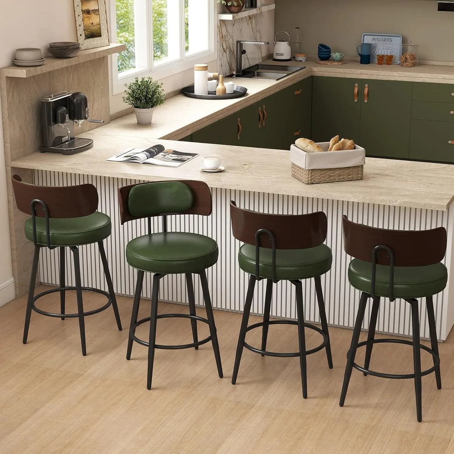 26" Swivel Counter Stools Set 4 Upholstered Wood Back Metal Leg Mid Century Kitchen Island Green Faux Leather, Customized