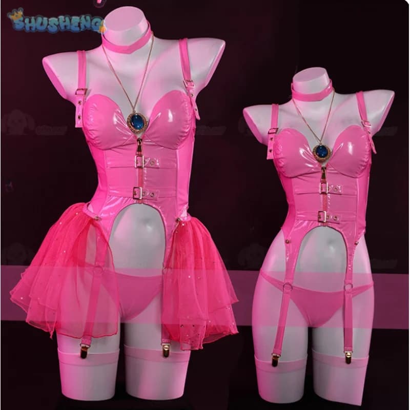 Princess Peach Cosplay Costume Anime Mario Adult female sweet pink leather jumpsuit headband necklace set Halloween uniform