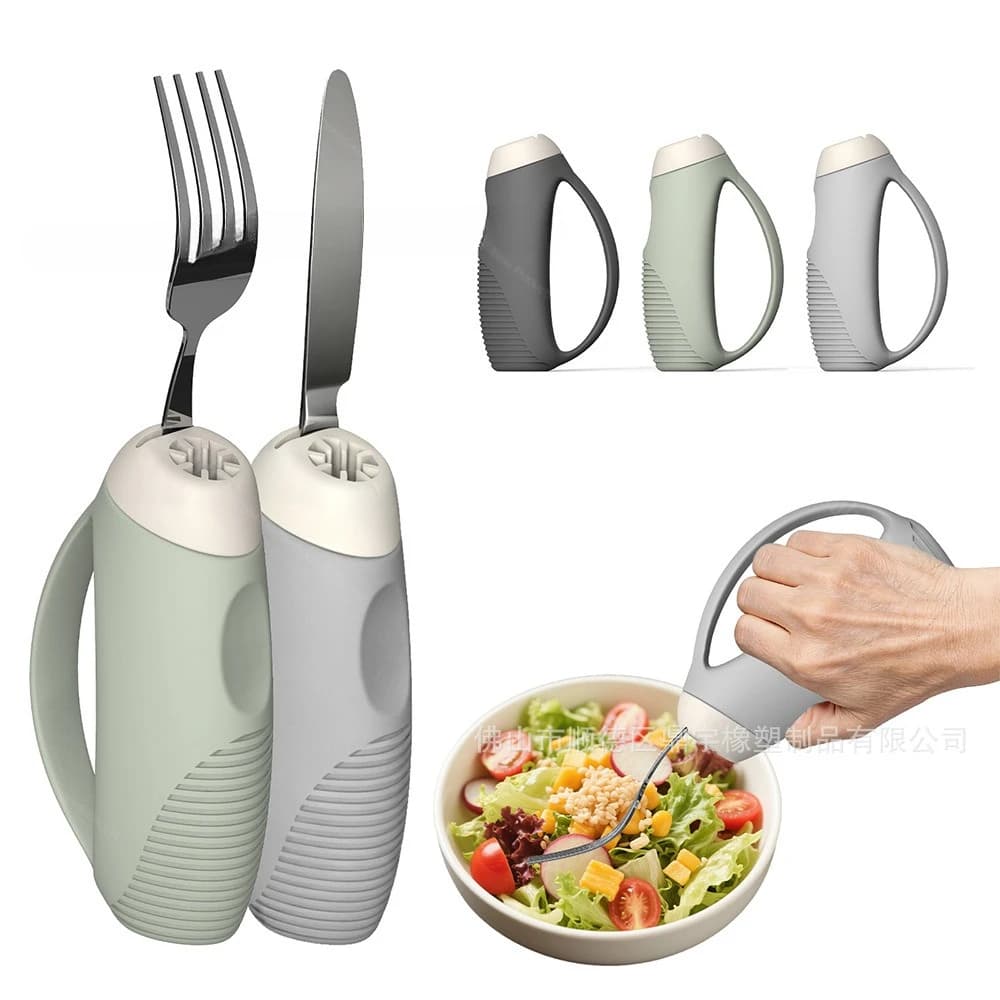 Impugnatura anti-vibrazione per stoviglie per anziani, supporto universale adattivo per alimenti e impugnatura in silicone per riabilitazione.