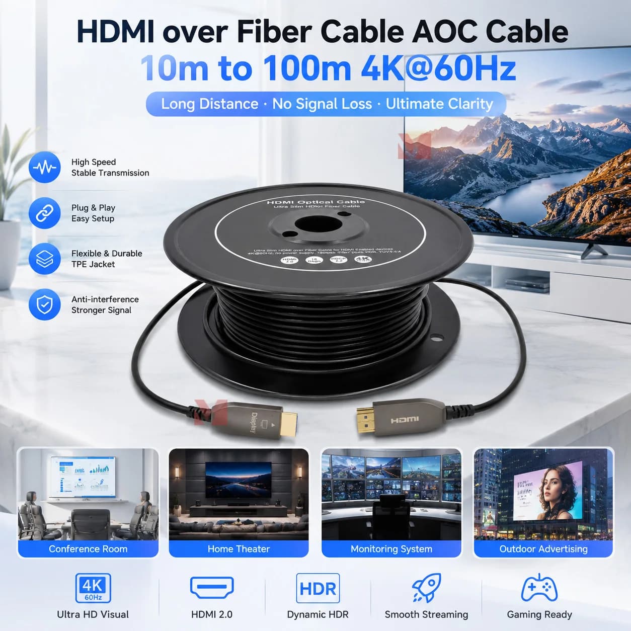 Cavo HDMI su Fibra Ottica LINK-MI 4K@60Hz da 10m a 100m, Cavo AOC HDMI 2.0 Ultra Sottile per 4K/UHD