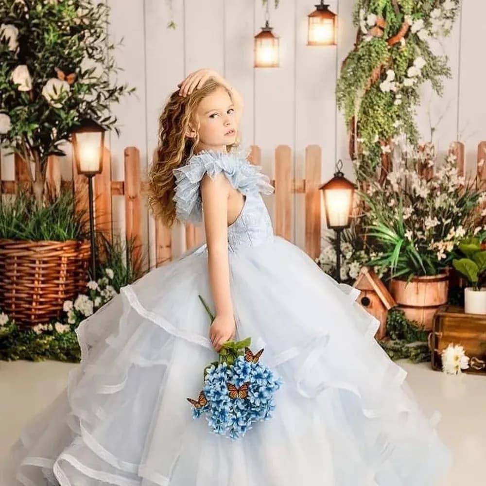 Abito da ragazza di fiori per matrimonio Abito da prima comunione in tulle azzurro senza maniche gonfio per bambini, festa di compleanno personalizzata