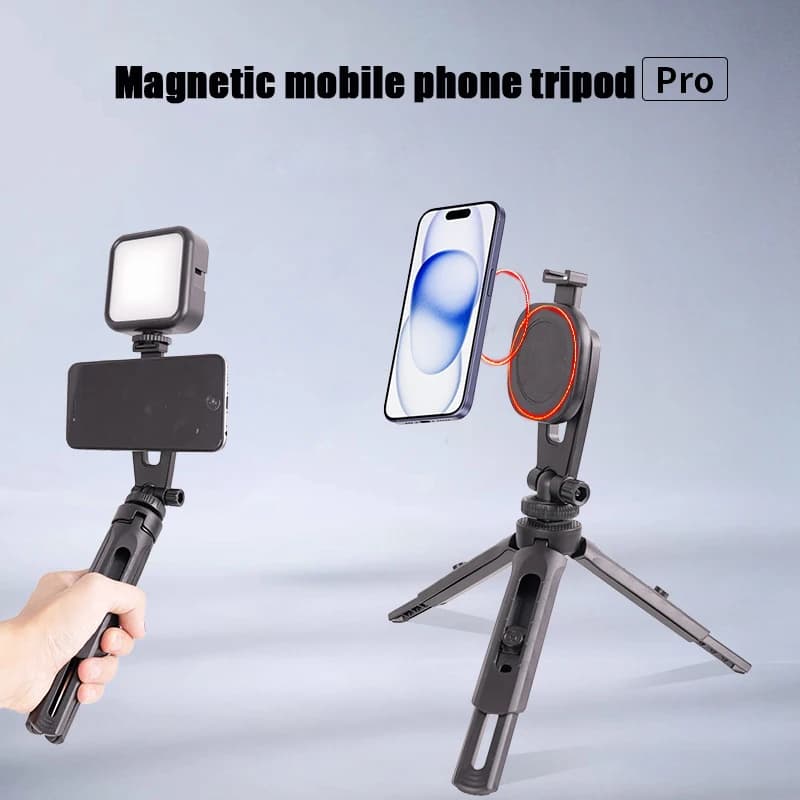 Treppiede magnetico per telefono 360 ° Treppiede per selfie stick con rotazione, leggero ed estensibile con supporto per slitta fredda Compatibile con luce di riempimento