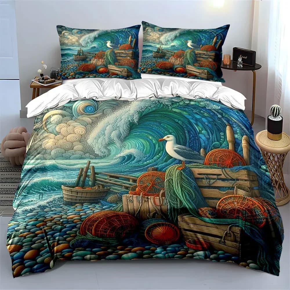 Set di Biancheria da Letto con Decorazioni Costiere e Oceaniche, Include 1 Copripiumino e 2 Federe, Disponibile in Misure Singolo, Doppio, King, Queen, Idea Regalo