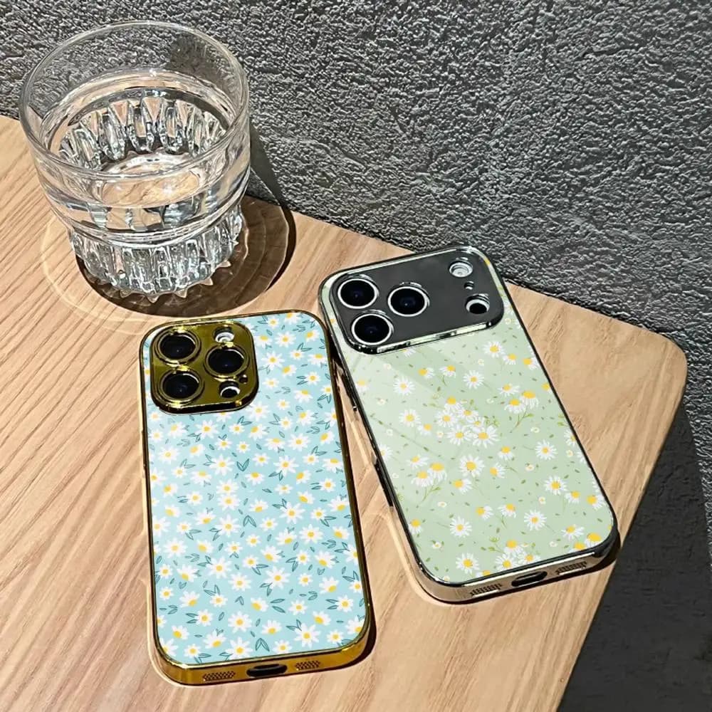 Phone case with green floral fragments and fruit for iPhone 17 15 14 13 12 Pro Max Plus, with shockproof galvanized metal bumper