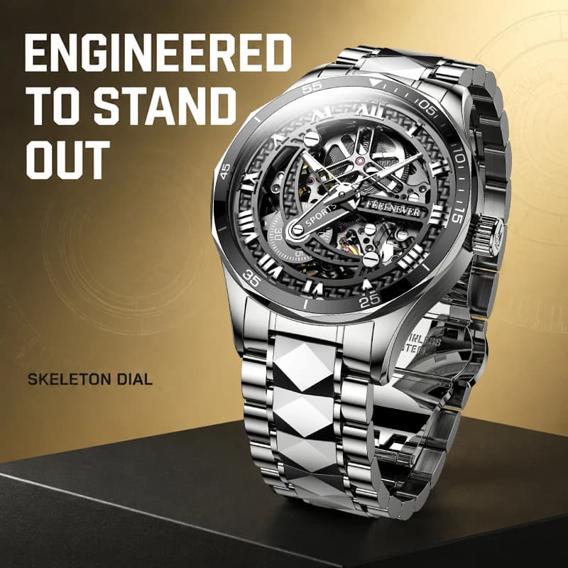 FeelNever Creative Luxury Mechanical Man Watch Hollow Out Business Sapphire Mirror Stainless Steel Waterproof Automatic Watches