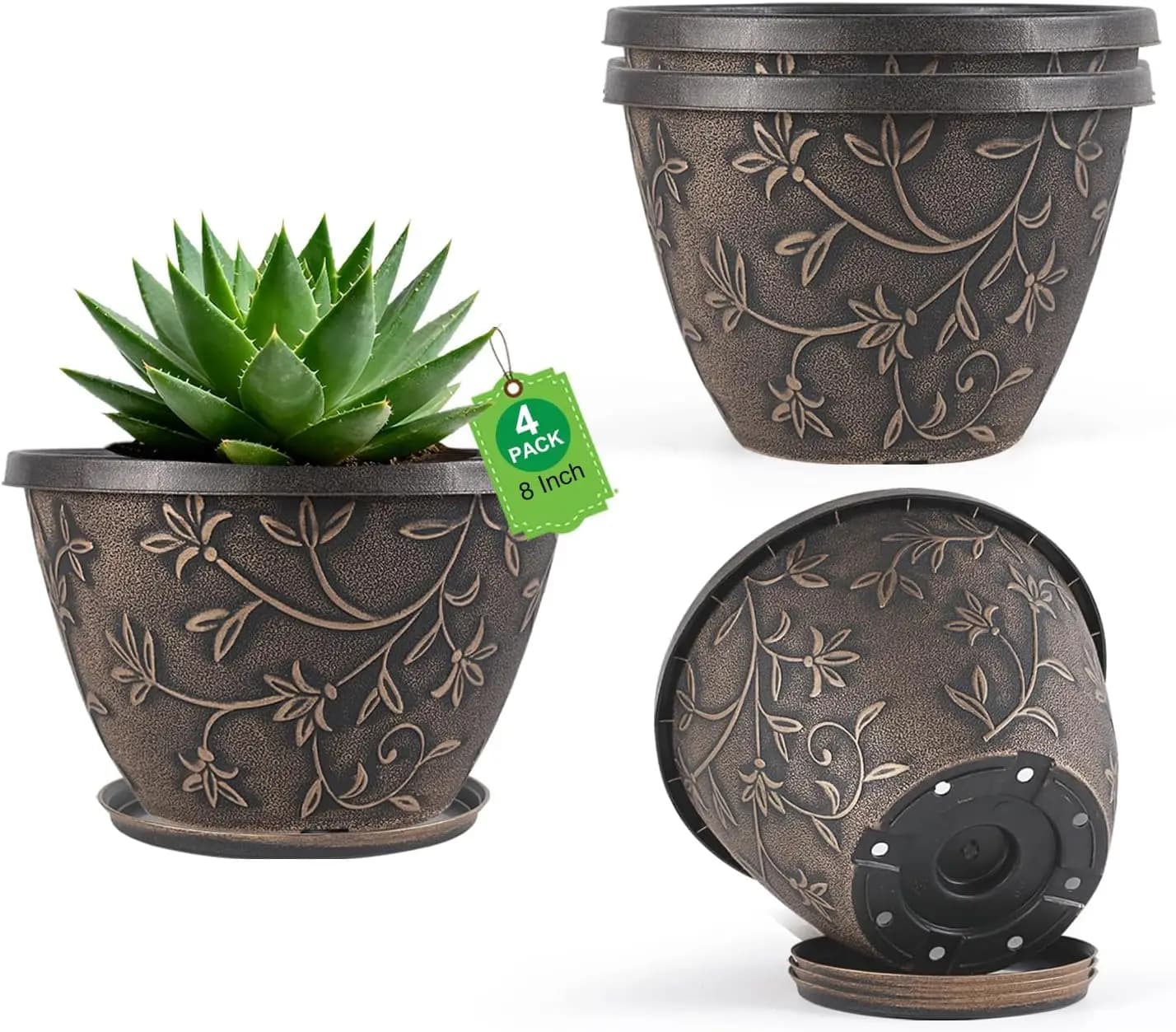 8 Inch Plant Pots with Drainage Holes, 4 Pack Plastic Flower Pots for Indoor Outdoor Plants, Decorative Small Planters for Desk Balcony Garden