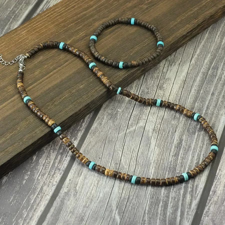 Stylish 2Pcs Wooden Beaded Bracelet Necklace Set Men Natural Coconut Shell 50cm Neck Joias Holiday Casual Homme Daily Jewelry